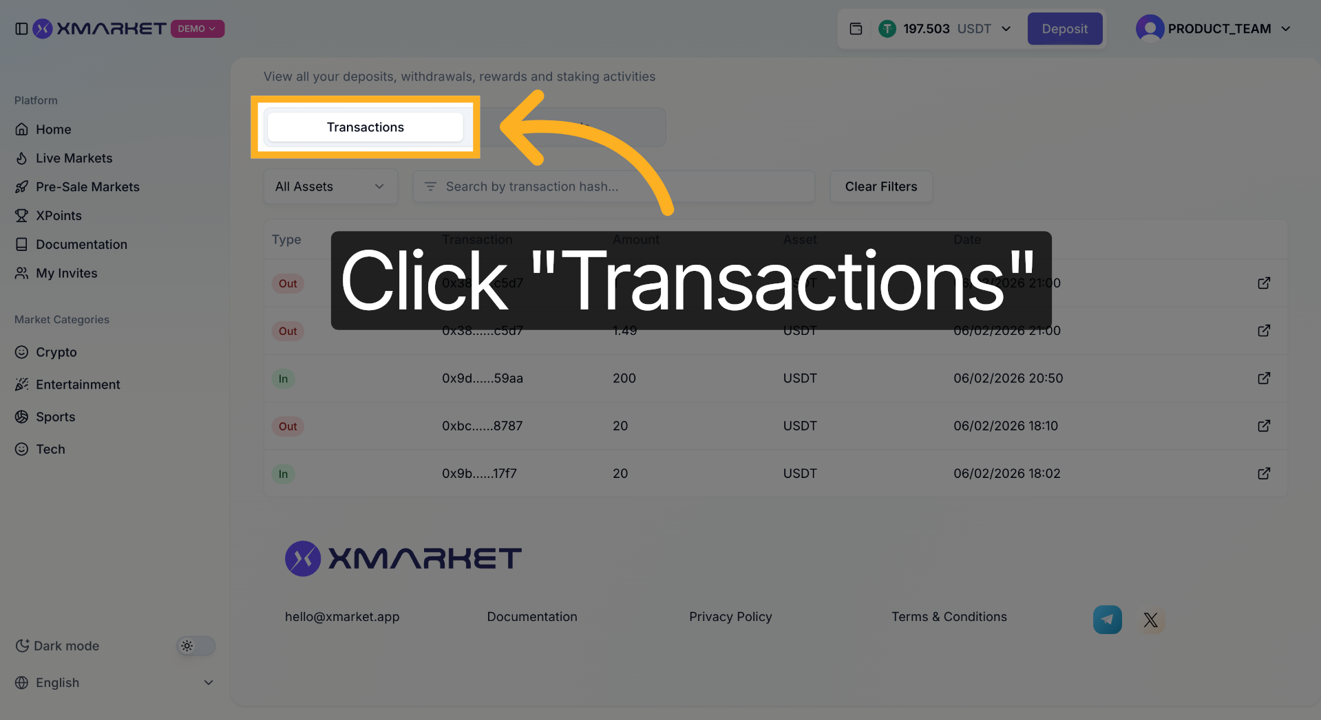 Transaction History page with TxID